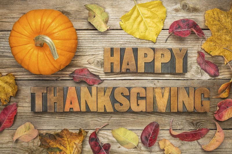 Happy Thanksgiving - text in vintage letterpress wood type blocks against rustic wood background with a pumpkin and dry leaves