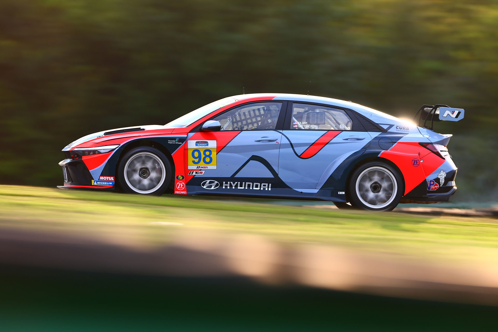 The No. 98 Hyundai Elantra N TCR, driven by Harry Gottsacker and Mason Filippi, is photographed during the Virginia Is For Racing Lovers Grand Prix in Danville, Va., on Aug. 23, 2025. (Photo/Bryan Herta Autosport/Richard Prince Photography)