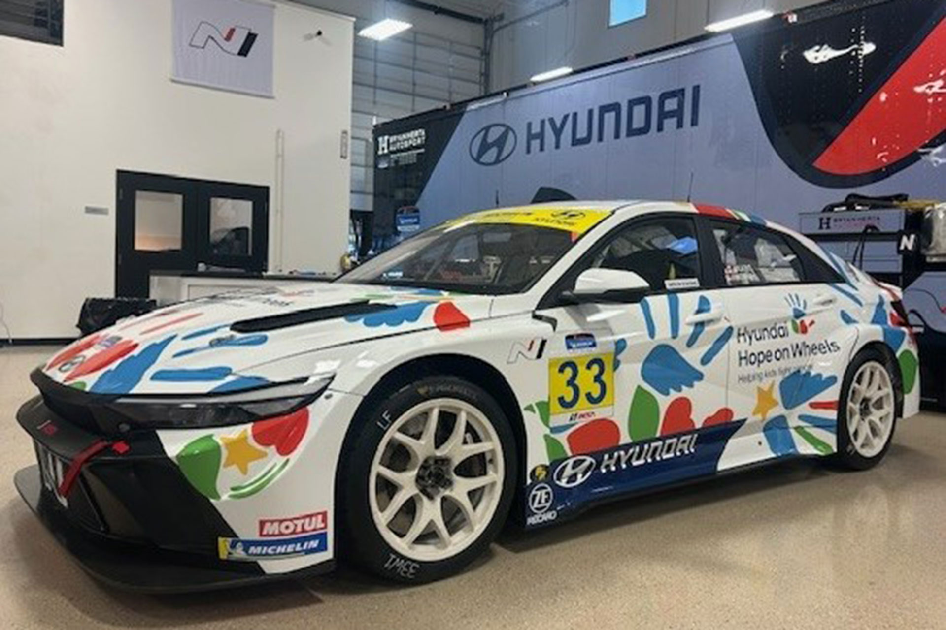 The No. 33 Hyundai Elantra N TCR with its new Hyundai Hope on Wheels livery is photographed on Sept. 16, 2025, in Brownsburg, Indiana. (Photo/Ryan Miller Photography)